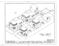 Irving Gill Horatio West apartments, isometric drawing, black and white