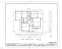 Horatio West apartments in Santa Monica, by Irving Gill. First Floor Plan of unit 1, architectural drawing, Black ink line on white paper.