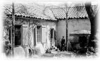 Mission style house, adobe house, clay tile roof, courtyard, architectural drawings